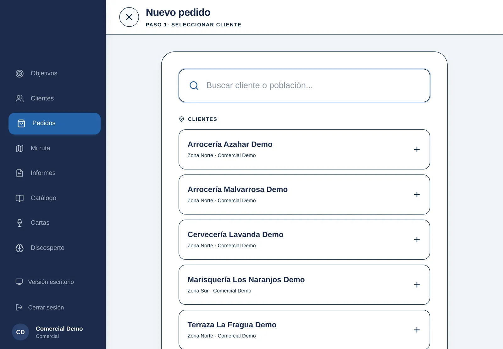 Asistente de nuevo pedido por pasos en la tablet